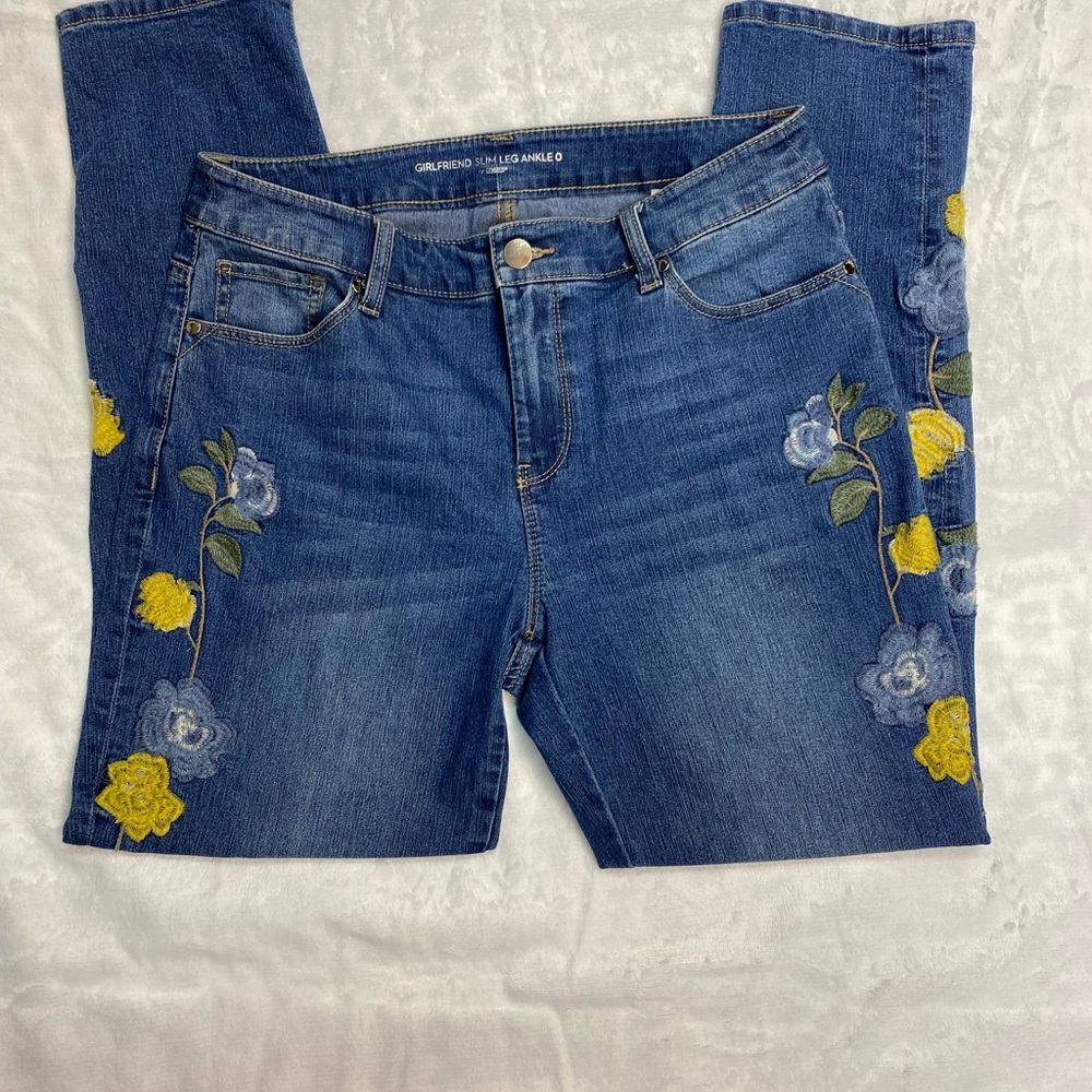 Chico's Girlfriend Slim Leg Ankle Jeans with Yellow and Blue Floral Embroidery